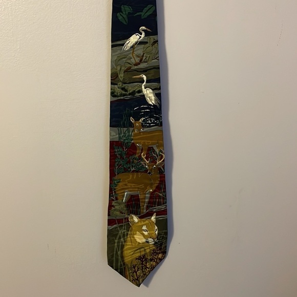 World Wildlife Fund Vintage Florida Everglades Silk Tie 1993 Deer Panther Egrets - Picture 1 of 16
